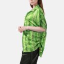 Green Stripe Oversized Silk Satin Button Shirt Lox1