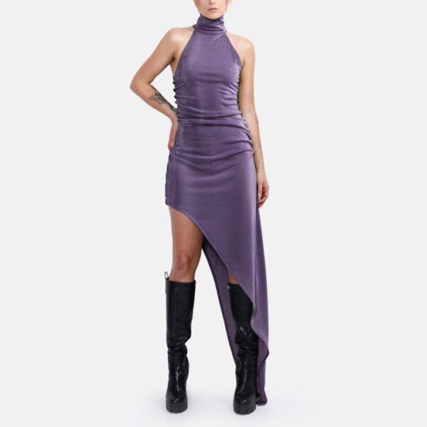 Purple Shimmering Slinky Asymmetrical Maxi Dress Lox5 - Image 3